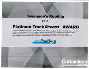 Swanson Roofing CertainTeed Certificate