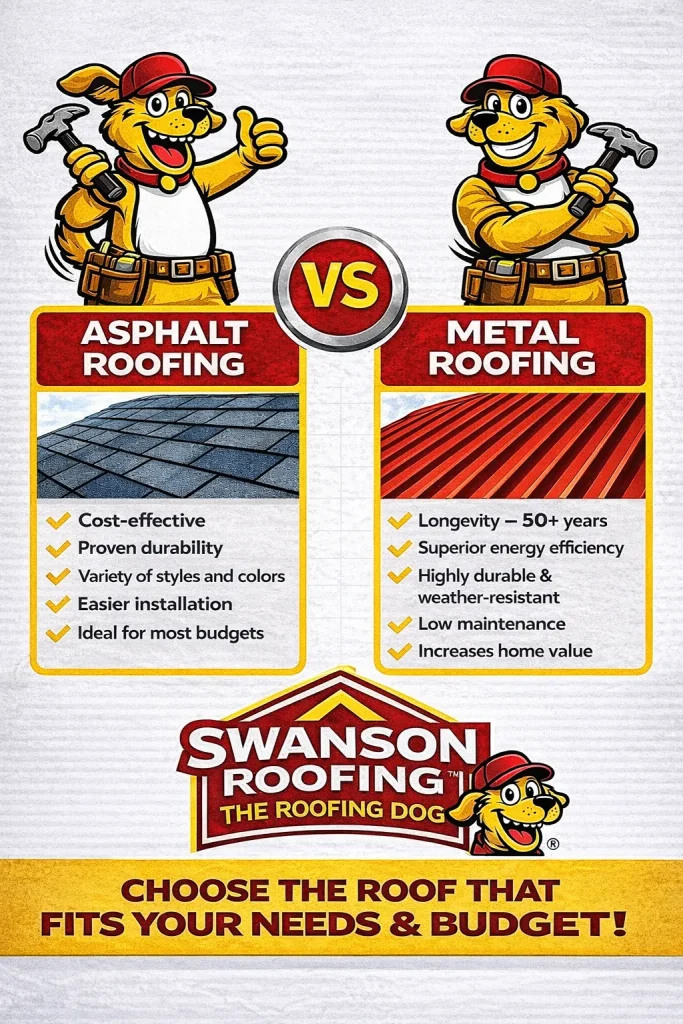 Asphalt Shingle vs metal roofing info graphic.
Asphalt Shingles:
Cost effective
Proven Durability
Variety of styles and colors
Easier Installation
Ideal for most budgets
Metal Roofing :
Longevity - 50+ years
Superior energy effieciency
Highly durable & weather resistant
increases home value
Swanson Roofing
The Roofing Dog
Choose the roof that fits your needs & budget