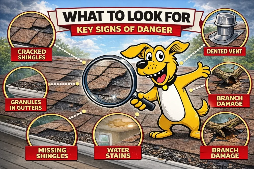 Here's what to look for from the ground and inside your home:
Missing, cracked, or curling shingles on the roof surface
Dents or dings on metal flashing or vents
Granules from shingles are collecting in your gutters
Water stains or discoloration
Sagging areas on the roof deck
Visible gaps or holes caused by fallen branches